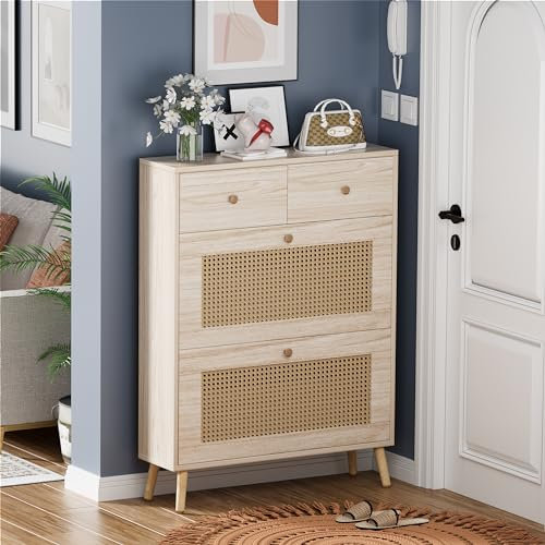 Zapatero de ratán Natural 80*25*110CM Organizador de Zapatos para Entrada Organizador de Gabinete de Zapatos de Ratán Natural con 2 cajones plegables y 2 cajones pequeños,Armario para Zapatos Madera