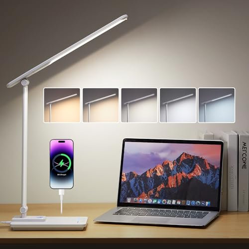 LED Tischlampe LED Schreibtischlampe LED mit USB-Ladeanschluss, 15 Helligkeit+5 Farb Tageslichtlampe Schreibtisch Lampe, Einstellbar Tischlampen Tischlampe Dimmbar, Timer Table Lamp LED Tischleuchte