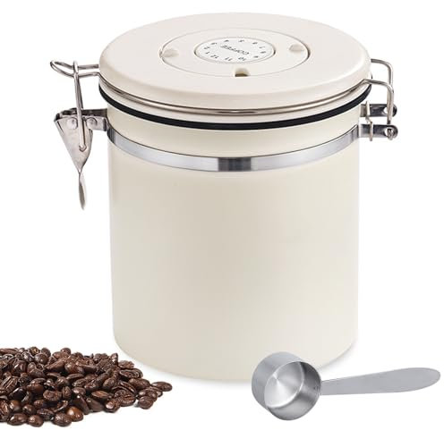 XPOOP Barattolo Caffè Ermetico, Contenitore per Chicchi in Acciaio Inox, Sottovuoto per Fondi, Tè, Zucchero (Beige)