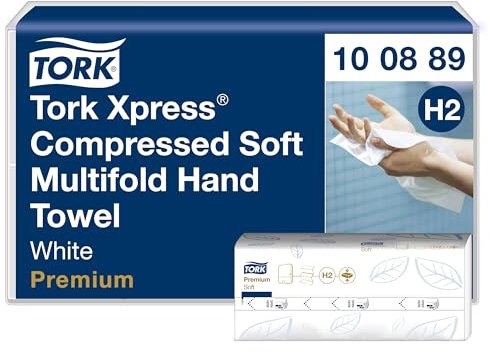Tork Xpress Toallas de Mano Entreplegadas Suaves Comprimidas Blanco H2, Premium, 2 capas, Plegado en Z, Absorbentes, 12×225 hojas, 100889
