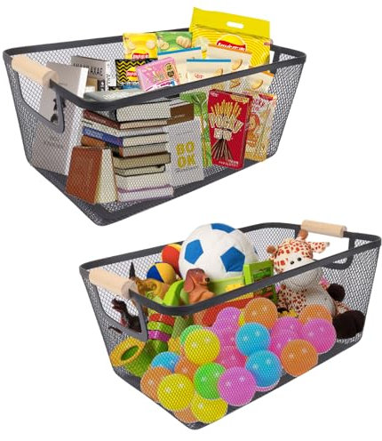 Gzsekken Mesh Wire Metal Storage Basket with Wooden Handle Black Wire Storage Baskets Large Rectangular Fruit Basket Organizer Versatile Organiser for Kitchen, Bathroom, Office(35.5 * 22.5 * 15.5cm)