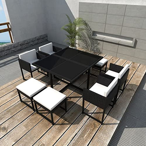ARKEM 9-TLG. Garten-Essgruppe Gartentisch Mit StüHlen Set Loungegruppe LoungemöBel GartenmöBel Esstisch mit Auflagen Poly Rattan Schwarz