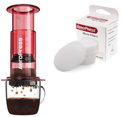 AeroPress - Nouveau pack spécial avec cafetière rouge transparent (rouge transparent) + 350 microfiltres