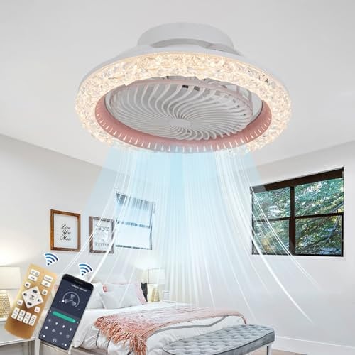 Ceiling Fans with Lamps with 360° Oscillating, Crystal Ceiling Fan Light Reversible 6 Speeds Dimmable, Quiet Ceiling Fans with Lights and Remote Led Living Room Bedroom, Invisible Fan Light-Pink