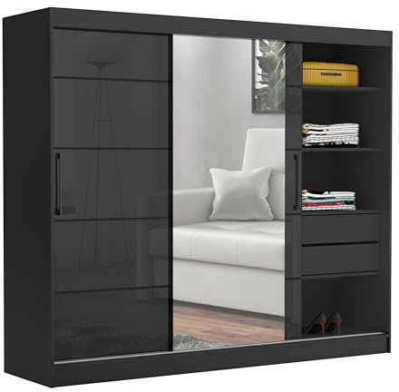 Brent - Kleiderschrank mit Spiegel und Schubladen 235cm Breit Chelsea Tomy, Schwebetürenschrank mit Spiegel, Schlafzimmerschrank, Kleiderschrank Schwarz Matt/Schwarz Hochglanz
