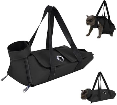 Plliocse Cat Grooming Bag Black Cat Nail Clipping Cleaning Grooming Restraint Bag, Anti Scratch Pet Grooming Bag with Leg Holes for Cats Nail Trimming, Ear Cleaning (Black, S)