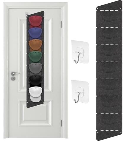 Maxmoc Kappenhalter,Cap Halterung Wand, Baseball Kappenhalter, Einreihig Faltbar Wandhalterung für Caps, Cap Hutständer mit 7 Taschen & Klebehaken, zum Tür Rückwand(130 X 24cm)