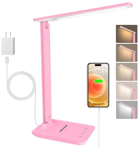 Jumoking Schreibtischlampe LED Dimmbar Augenschutz,Desk Lamp mit 5 Farben und 5 Helligkeitsstufen,Tischlampemit USB Ladeanschluss Touch Steuerung mit QI Kabelloses Ladegerät für Kinder, mädchen