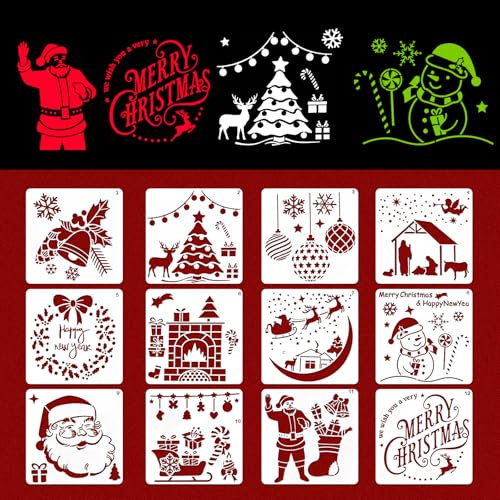 12 Stück Schablonen Weihnachten Set, FUKPO Stencil Schablonen Malschablonen Weihnachten Schneespray Fenster Kinder Erwachsene, Weihnachtsschablonen Schablone Frohe Zeichenschablonen Weihnachts