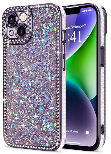 Lafunda for iPhone 14 Case for Womens Girls, Luxury Bling Glitter Diamond Crystal Festival Shiny Case Camera Protection Shockproof Silicone TPU Phone Cover for iPhone 14 6.1, Purple
