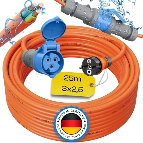 maxgo Camping Adapter Schuko auf CEE – 230V 16A 3x2,5 H07BQ-F Kabel 25m | Robustes H07BQ-F Adapterkabel Made in Germany für Camping, Wohnmobil, Wohnwagen und Boot mit CEE Stecker und Schuko Kupplung