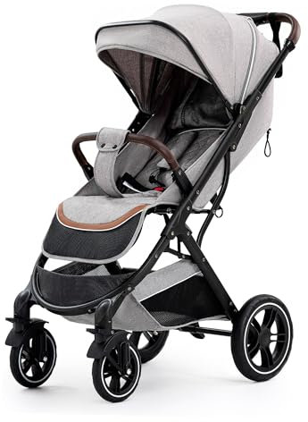 GloKid Baby Kinderwagen, von Geburt bis 20 kg, Zusammenklappen mit einer Hand, federleichter, kompakter Buggy, 5-Punkt-Sicherheitsgurt,4 Räder gedämpft, Moskitonetz, Fußdecke, Korb (grau)