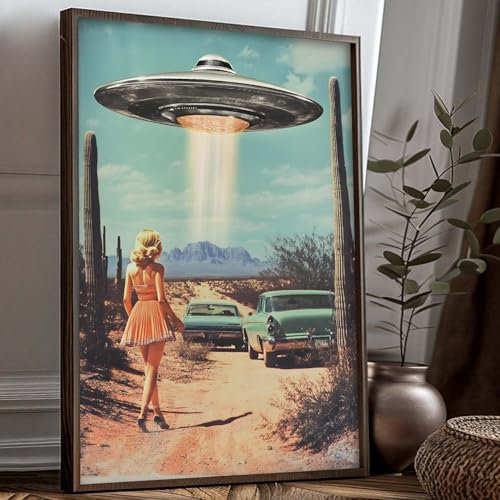 Retro 70er Jahre Wüste Ufo Wandkunst Vintage Ufo Landschaft Druck Ufo Kunstwerk Raumschiff Bilder Vintage Science Fiction Kunst Retro Alien Art Poster Vintage Wüstenbilder für Wohnzimmer 40,6 x 61 cm