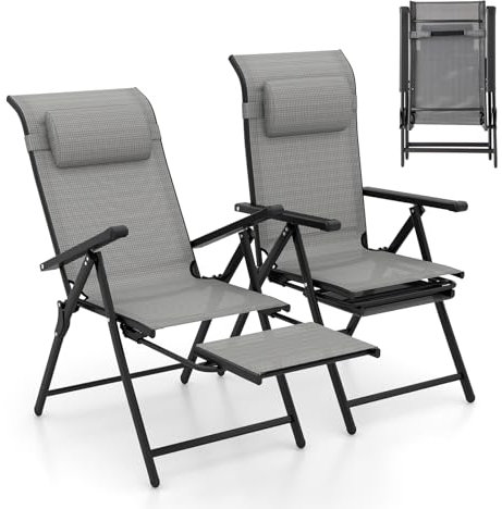COSTWAY 2er Set Gartenstühle mit ausziehbarer Fußstütze, Hochlehner Klappstühle mit 10-fach verstellbarer Rückenlehne & Kopfstütze, Balkonstühle, klappbare Terrassenstühle für Garten, Balkon, Terrasse
