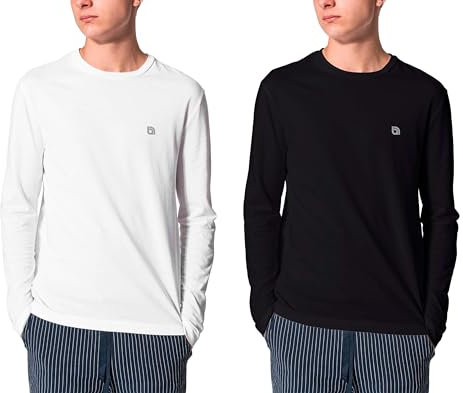 Bahob® 2 Pack Men's Long Sleeve T-Shirt Top Round Neck Full Sleeve T-Shirt Soft Cotton S-XXXL (Large, 2 Pack/Black X White)