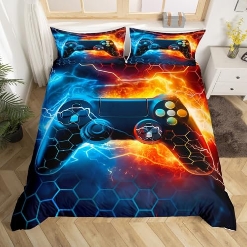 Homemissing Spieler Bettbezug Set Gaming Bettwäsche Set 135x200cm Kinder Jugendliche Gamer Geometrische Waben Bettwäsche Spiel Dekor Betten Set Orange Blau für Jungen Mädchen