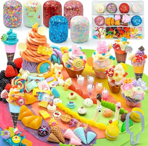 SIMPLIPLAY Eiscreme-Sinnespielzeug-Set, 6 Stück 18 oz Glitzer-Knete mit Zubehör (120 Stück+), weiche Knetmasse-Eiscreme-Spielzeug mit Waffel, Form, Fruchtstücken, Weihnachts-Geburtstagsgeschenk