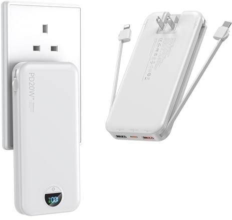 Ffnpua Cargador de teléfono portátil de 10000 mAh PD20W con cables integrados y enchufe de pared