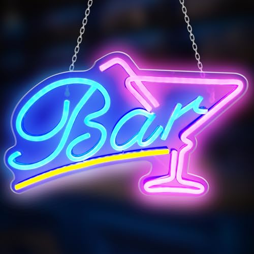Bar Schild Beleuchtet, Neon Schild LED Leuchtreklame, Led Schild Personalisiert, Neonschild Cocktails, USB Powered Rosa Blau Neonschild für Bar Club Nachtclub Restaurant Store Party Sign Dekor