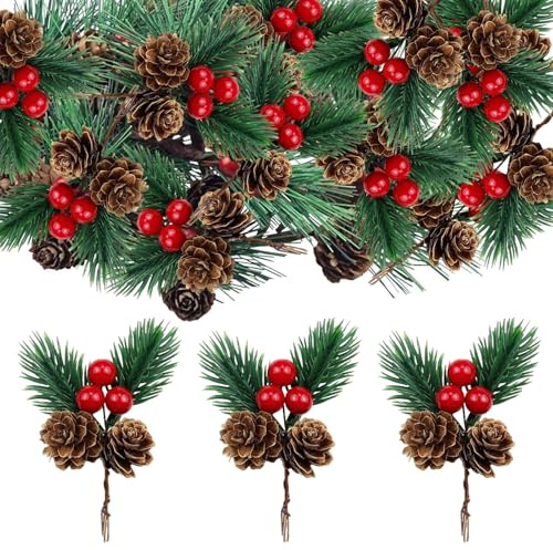 20 Stück Kleine künstliche Tannenzweige mit Beeren und Tannenzapfen, Rote Beeren Tannenzapfen Zweige, Weihnachtsdeko Zum Basteln Zweige, für Girlanden Tischdekoration Kaminsims Vasenarrangements