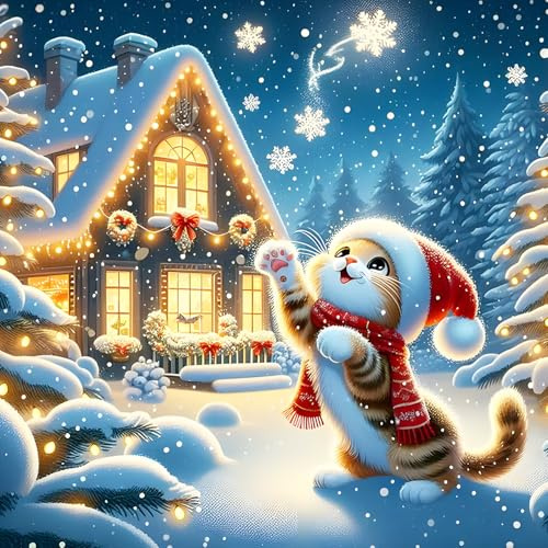 DPHERO DIY Kätzchen Diamant Painting Kits Bilder für Erwachsene Anfänger,5D Weihnachten Diamond Painting Set,DIY Runde Steine Diamant Kunst Kits,Hütte Diamond Art für Zuhause Dekor 30x30 cm