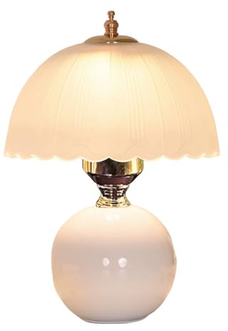 OOWDMPE Vintage Tischleuchte mit Kabel Keramik Nachttischlampe Glas Lampenschirm E27 Retro Tischlampe Minimalistische Nachttischleuchte Deko für Schlafzimmer Wohnzimmer （mit Leuchtmittel） (Weiß)