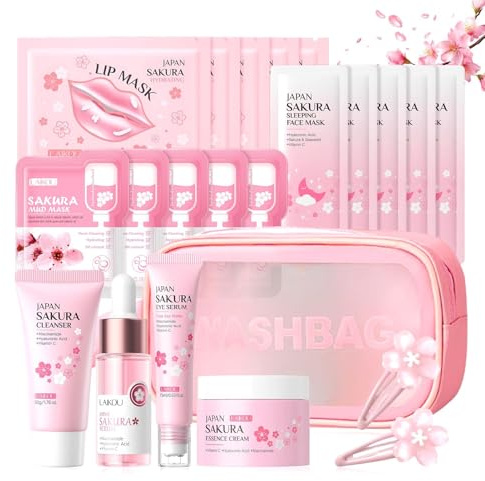 Set de Cuidado Facial Sakura 21 Piezas,Set de Cuidado Diario de la Piel | con Limpiador,Crema facial,Esencia,Esencia ocular,Máscara para dormir,Mascarilla de barro y Accesorios