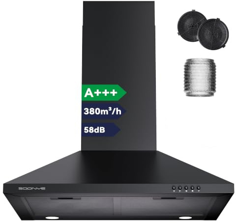 Soonye Hotte Aspirante 60cm Classe A+++, Hotte Cuisine 380m³/h,Évacuation ou Recyclage,Filtre au Charbon Inclus,Hotte Murale,Noir