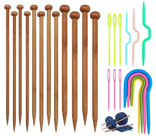 2Set Knitting Tool Sets, 10mm, 8mm, 6mm Bamboo Knitting Needles, U-Shaped, Bow-Shaped Twisted, Jumper Sewing Needles, 25cm Long Needle Set for Professional Knitters, 25 PCS