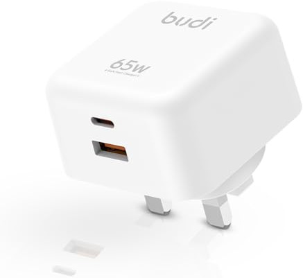 Budi PD 65W GaN and QC 30W Wall Charger – Fast Charging Dual Port USB-C and USB-A Adapter – Smart Power Delivery for Laptops, Phones & Tablets – Compact GaN Charger with Wide Compatibility