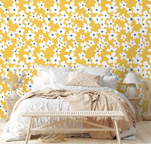 Self Adhesive Wallpaper Yellow Floral, 44.5 x 500cm Peel and Stick Wallpaper White and Blue Flower Plants Floral Vinyl Wrap Boho Self Adhesive Furniture Wrap for Living Room,Bathroom,Cabinets,Kitchen