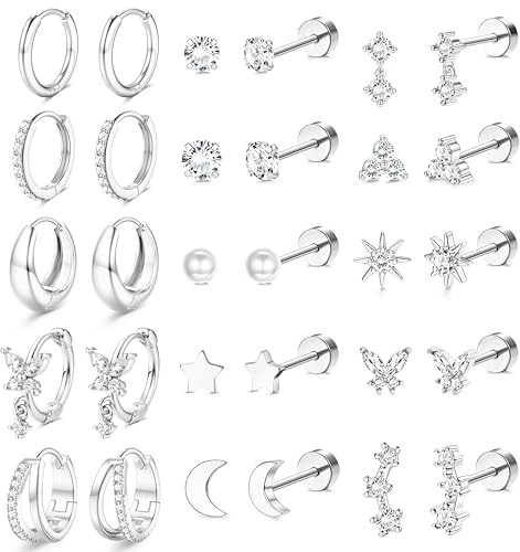 Dochais 15 Paar Ohrringe Gold Silber Set 316L Chirurgenstahl Ohrringe für Damen Herren Medizinische Ohrstecker Creolen für Mehrfachpiercing 14K Vergoldet Helix Tragus Piercing Ohr Silber