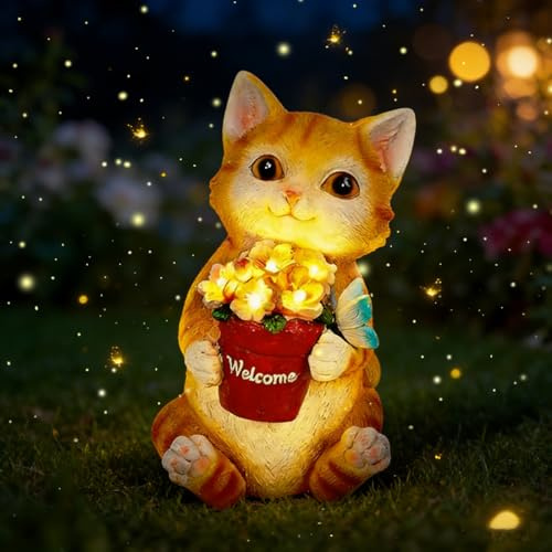 WRQIOO Gartendeko Katze mit Solar Laterne, Katzenfigur Garten Deko Mit Schmetterlinge & Blumen, Lustig Wasserdicht Solarlampe Figur Gartendeko, Katze Gartenfiguren