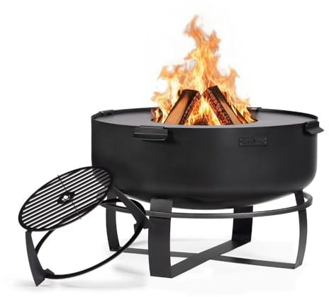 COOK KING Feuerstelle für den Garten Viking XXL, Stahl, schwarz, 80 x 80 x 50 cm, mit Grillplatte 78 cm und hohem Grillrost, 3-teiliges Set