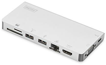 DIGITUS USB-C Travel Docking Station – 8 Ports – 1x HDMI, 1x VGA (4K@30Hz) – 2x USB 3.0 / USB 2.0, 1x USB Typ-C – RJ45 LAN, Kartenleser – Silber