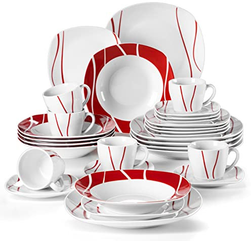 MALACASA Série Felisa Service de Table Porcelaine pour 6 Personnes avce Assiettes Plates, Assiettes Creuses, Assiettes à Dessert, Tasses à Café et Soucoupes, 30pcs Service de Vaisselle Blanc & Rouge