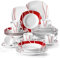 MALACASA Série Felisa Service de Table Porcelaine pour 6 Personnes avce Assiettes Plates, Assiettes Creuses, Assiettes à Dessert, Tasses à Café et Soucoupes, 30pcs Service de Vaisselle Blanc & Rouge