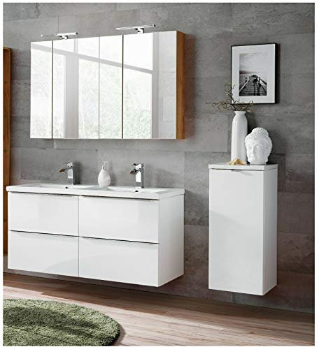 naka24 Badmöbel Set Capri Weiss Hochglanz 120 cm mit Doppelwaschbecken LED Soft - Close (Waschtisch Spiegelschrank Unterschrank)