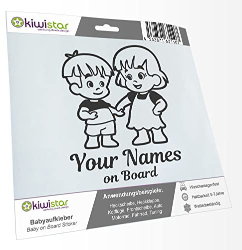 Kiwistar - Babyaufkleber - Dunkelgrau - Geschwister Junge Mädchen Sticker - mit Wunschtext individuell personalisiert + Baby on Board 15cm - für Auto, Motorrad, Tuning - Aufkleber selbst gestalten