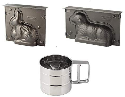 Zenker Osterbackformen-Set Hase und Lamm, Antihaftbeschichtung für Ostern, Osterhasen- und Osterlamm-Backform (Farbe: Silber) inkl. Einhandsieb, Menge: 1x 3 TLG. Set