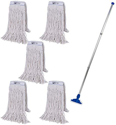 Abbey Heavy Duty Professional Kentucky Mop Handle and Holder With 5 Heads (450g) - Industrial Color-Coded Mop to Avoid Cross Contamination - Commercial Cleaning Tool for Hard Floors, Blue
