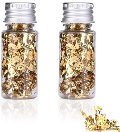 Cyrank Blatt Flocken Gold Folien Flocken Blattgold, 2 Flaschen Blattgoldflocken Folie für Malerei, Nailart, Möbel, Kunsthandwerk, DIY-Handyhüllen Ungenießbar
