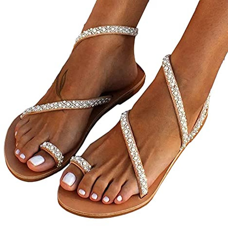 Tomwell Damen Sandalen Riemchen Flache Sandalen Böhmen Strandsandalen Elegante Lace Spitze Blumen Sommerschuhe Freizeit Vintage Zehe Ring Gladiator Römische Schuhe Zehentrenner Komfortable