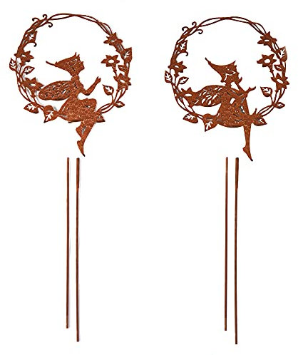 Gartenschild Rost rund mit Elfen im 2er Set