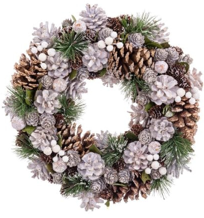 Corona de Navidad artificial con piñas naturales color blanco de 34 cm | Adorno sutil y nevado perfecto para puertas, paredes o centros de mesa. Aporta textura y un espíritu invernal muy hogareño.