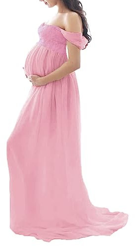 ORANDESIGNE Robes de Maternité Robe sans Bretelles Accessoires de Photographie Fendu Devant Robe à Epaules pour Les Femmes Enceintes Photos Tirer Été Femmes Enceintes en Mousseline C Rose Foncé XL