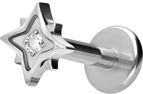 PIERCINGLINE Titan Labret mit Gewinde STERN + KRISTALL Piercing Ohr Helix Lobe Tragus Silberfarben 1,2 x 8 mm