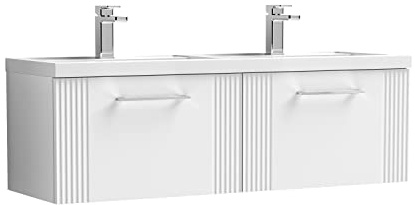 nuie DPF194C Deco Modern Bathroom Wall Hung 2 Drawer Part Fluted Vanity Basin Unit with Twin Polymarble Basin, 1200mm, Satin White