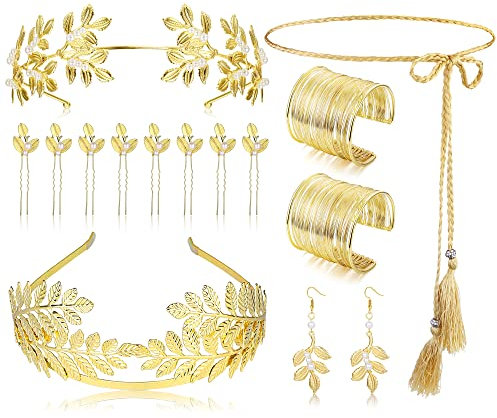 Milacolato 14Pcs Griechische Göttin Kostüm Für Damen Goldenes Lorbeerblatt Krone Tiara Oberarm Spiralarmband Haarschmuck Ohrringe Toga Taillengürtel Zubehör Schmuckset Party Hochzeit Halloween 14B