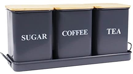 Xbopetda Tea & Coffee Sugar Canisters - Set of 3, Metal Storage Tins with Wooden Lid & Tray - Gray